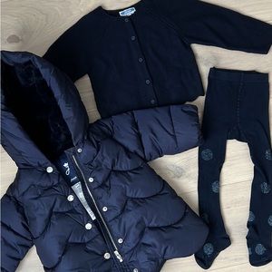 Jacadi Baby (3pc) Set- NavyPuffer coat, Cardigan, tights, All Like New